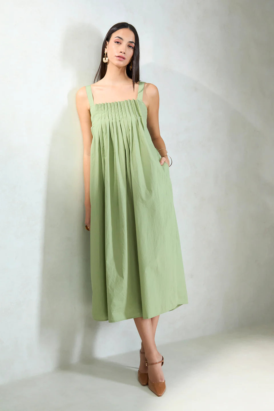 Casual and Party-Ready Cotton Midi Dress with Smocked and Pleated Front