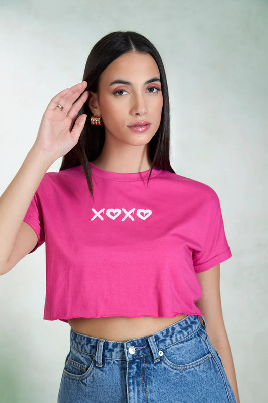 Soft Cotton Knit Pink Boxy Crop Graphic Tee with Relaxed Fit and Stylish Modern Look