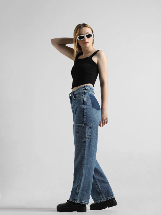Women's Blue High-Rise Carpenter Jeans – Relaxed Fit Utility Denim with Functional Pockets for Everyday Wear