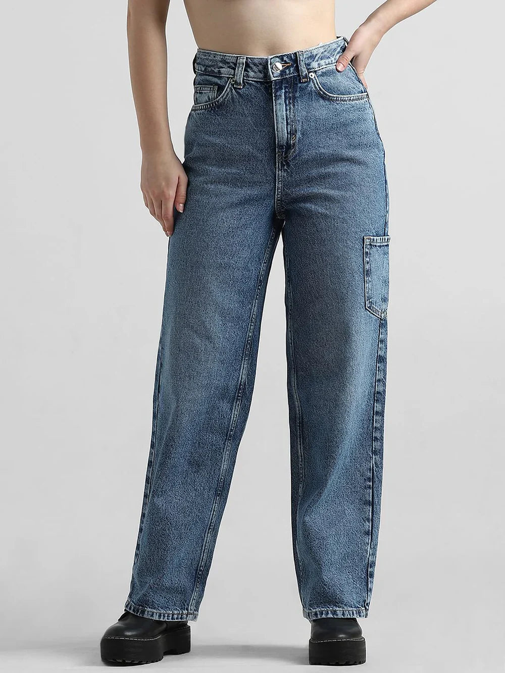 Women's Blue High-Rise Carpenter Jeans – Relaxed Fit Utility Denim with Functional Pockets for Everyday Wear