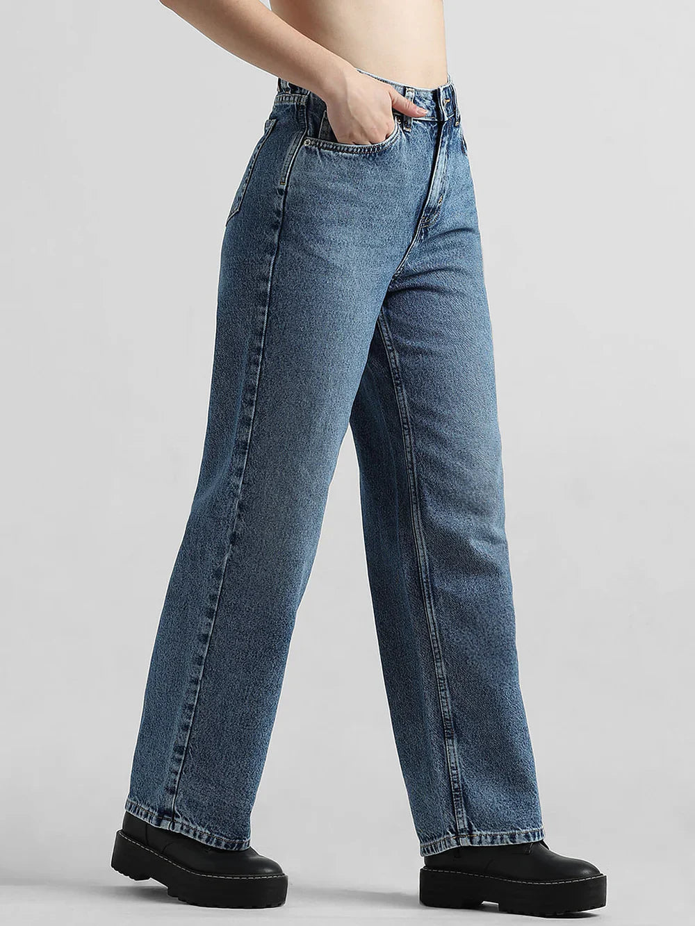 Women's Blue High-Rise Carpenter Jeans – Relaxed Fit Utility Denim with Functional Pockets for Everyday Wear