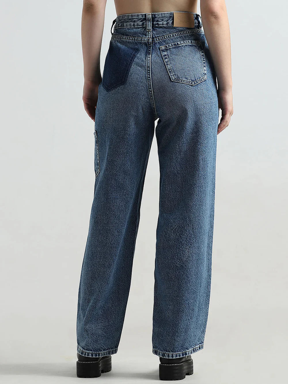 Women's Blue High-Rise Carpenter Jeans – Relaxed Fit Utility Denim with Functional Pockets for Everyday Wear