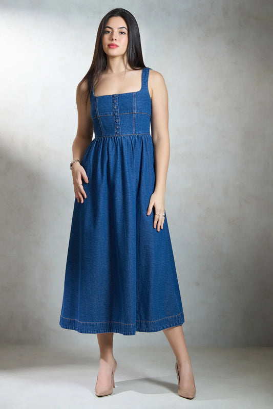 Fashionable Women’s Denim Midi Dress with Flared Skirt Design