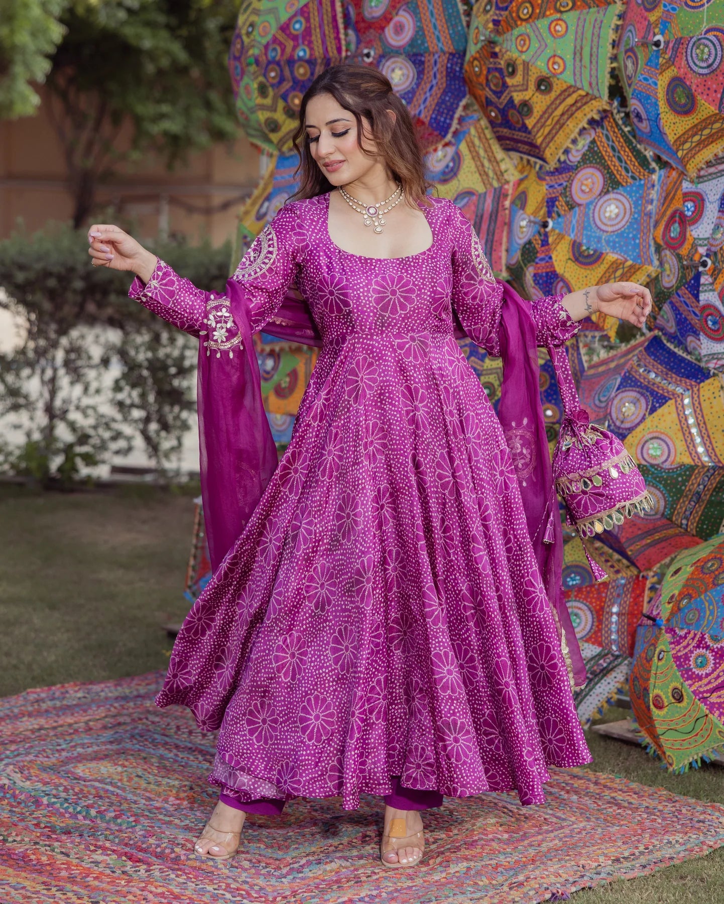 Traditional Magenta Bandhani Chanderi Suit Set for Women Offering Elegant Style and Comfortable Fit