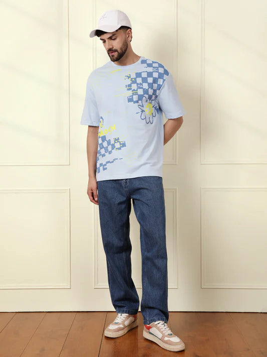 Contemporary Men’s Blue T-Shirt with Heavy GSM Material and Modern Placement Graphic Print