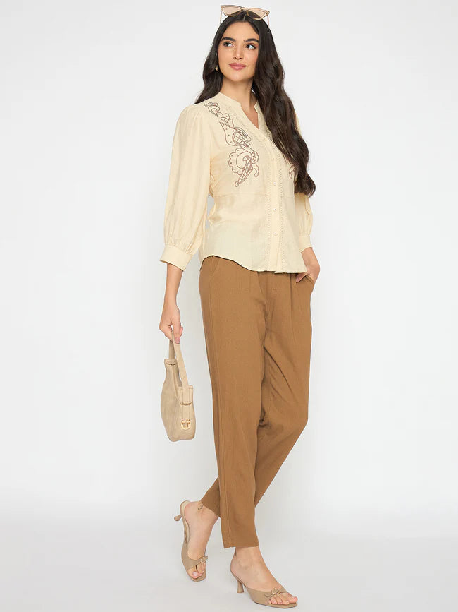 Graceful Beige Top for Women with Embroidered Lace Finish and Feminine Style