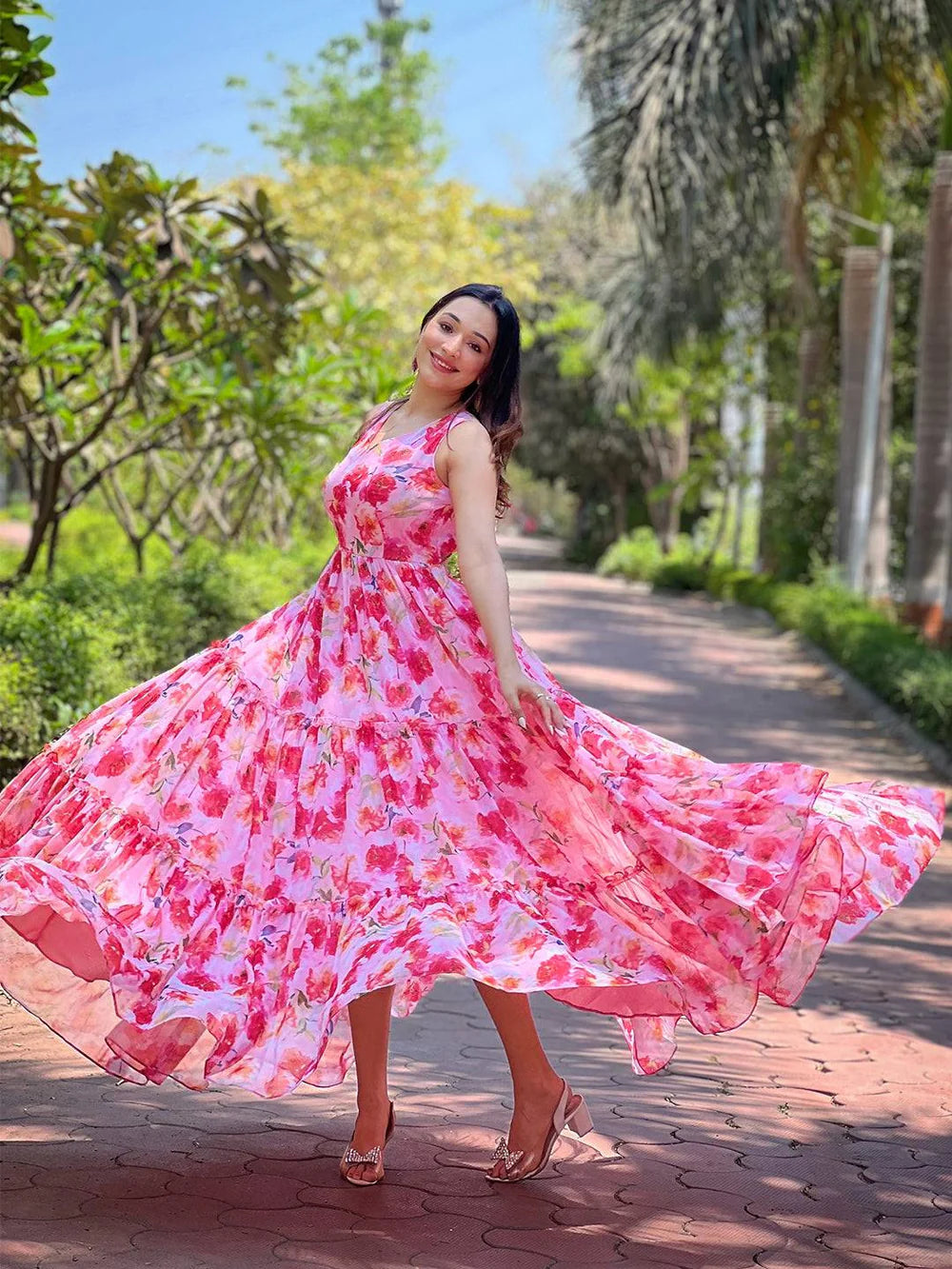 Designer Pink Floral Print Dress for Women Perfect for Parties Formal Events and Celebrations