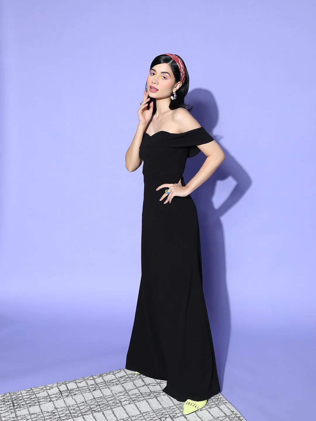 Black Off-Shoulder Neck Crepe Thigh-High Slit Flared A-Line Maxi Dress
