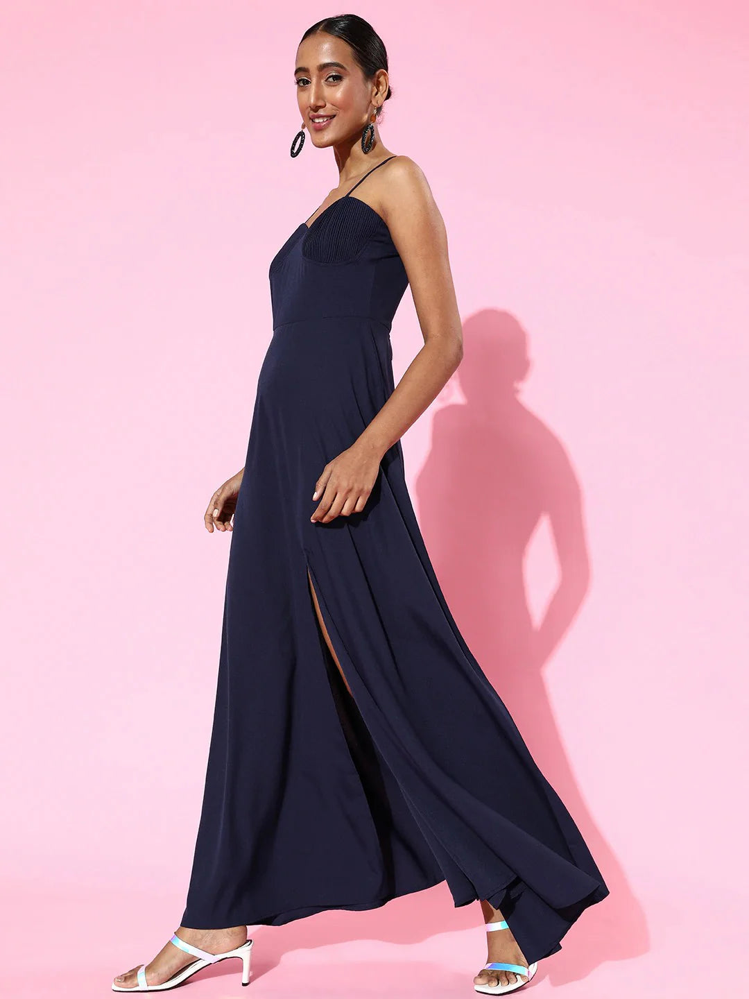 Navy Blue Sweetheart Neck Thigh-High Slit Flared Maxi Dress
