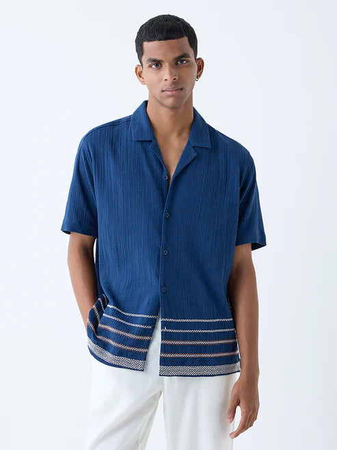 Stylish Men’s Indigo Relaxed Fit Crinkle Cotton Shirt Lightweight Breathable Casual Fashion Shirt for Everyday Comfort