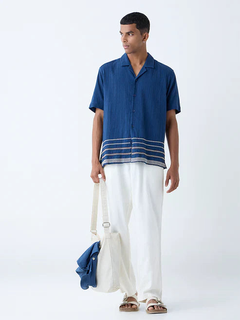 Stylish Men’s Indigo Relaxed Fit Crinkle Cotton Shirt Lightweight Breathable Casual Fashion Shirt for Everyday Comfort