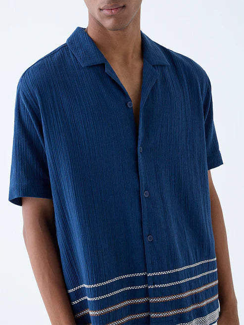 Stylish Men’s Indigo Relaxed Fit Crinkle Cotton Shirt Lightweight Breathable Casual Fashion Shirt for Everyday Comfort