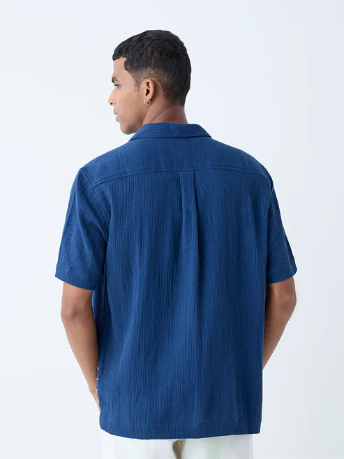 Stylish Men’s Indigo Relaxed Fit Crinkle Cotton Shirt Lightweight Breathable Casual Fashion Shirt for Everyday Comfort