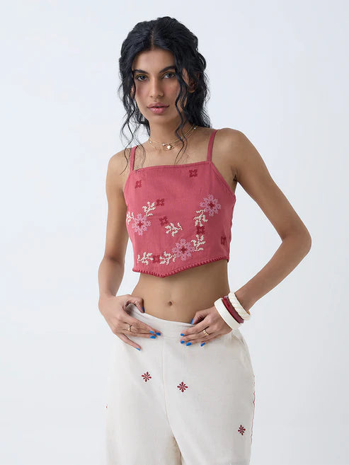 Women’s Dusty Pink Designer Embroidered Cotton-Blend Top for Parties and Gatherings