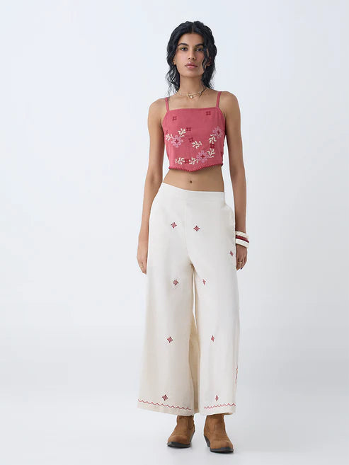 Women’s Dusty Pink Designer Embroidered Cotton-Blend Top for Parties and Gatherings