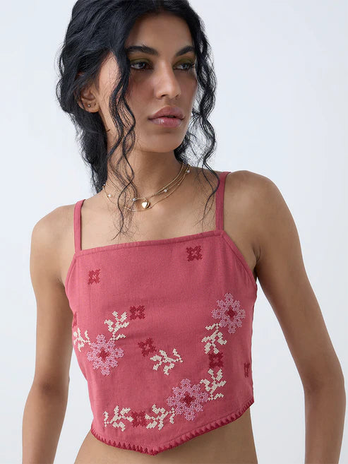 Women’s Dusty Pink Designer Embroidered Cotton-Blend Top for Parties and Gatherings