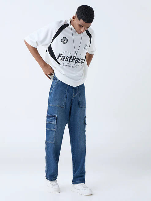 Sleek and Comfortable Dark Blue Mid-Rise Relaxed-Fit Jeans for Men