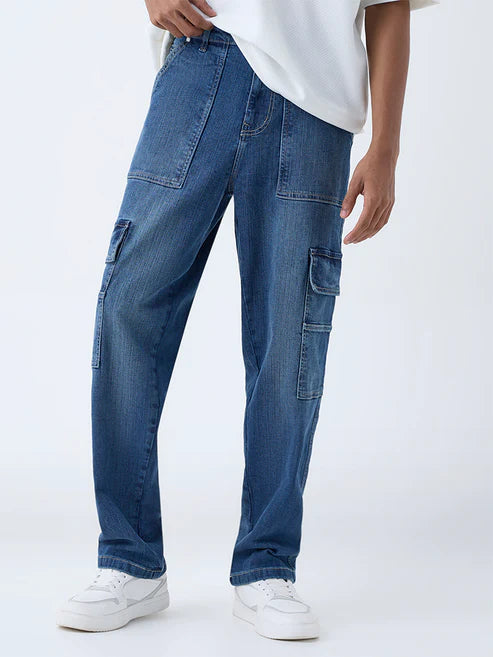 Sleek and Comfortable Dark Blue Mid-Rise Relaxed-Fit Jeans for Men