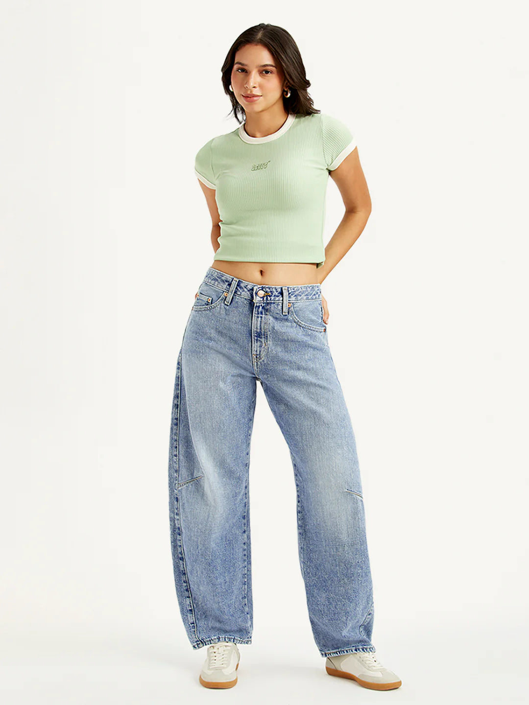 Women Light Blue Barrel Fit Mid Rise Baggy Dad Jeans with Fashionable Casual Look