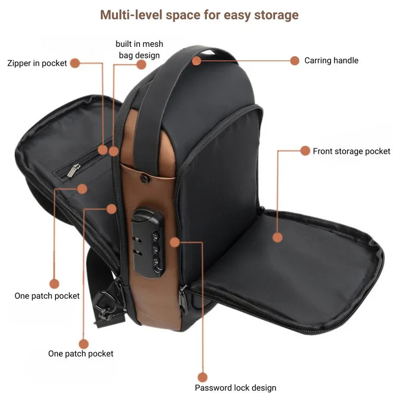Gadget Chest Bag with Anti-Theft Features, Waterproof Material, TSA Lock, and USB Charging Port