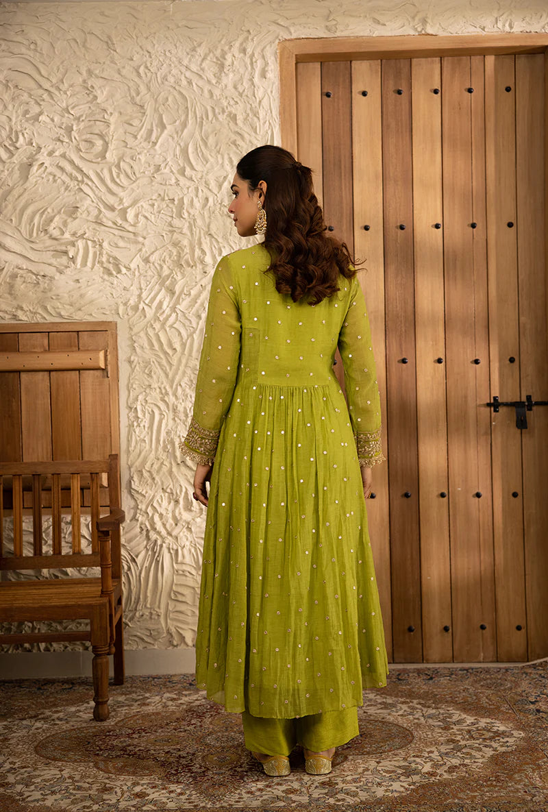 Graceful Green Anarkali Kurta Set with Masakali Style and Gota Embroidery