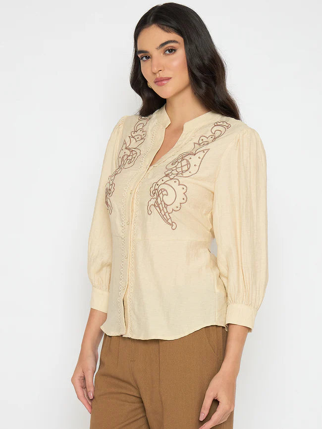 Graceful Beige Top for Women with Embroidered Lace Finish and Feminine Style