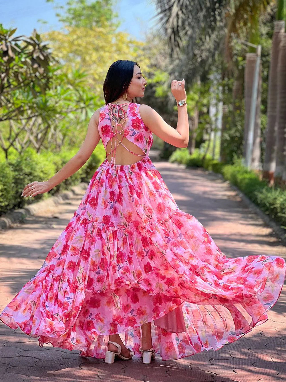 Designer Pink Floral Print Dress for Women Perfect for Parties Formal Events and Celebrations