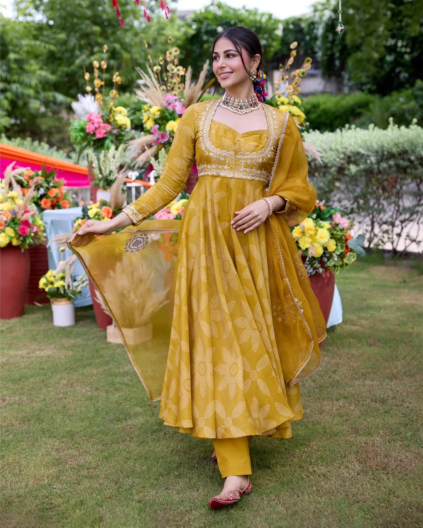 Designer Mustard Bandhani Chanderi Suit Set with Coordinated Dupatta