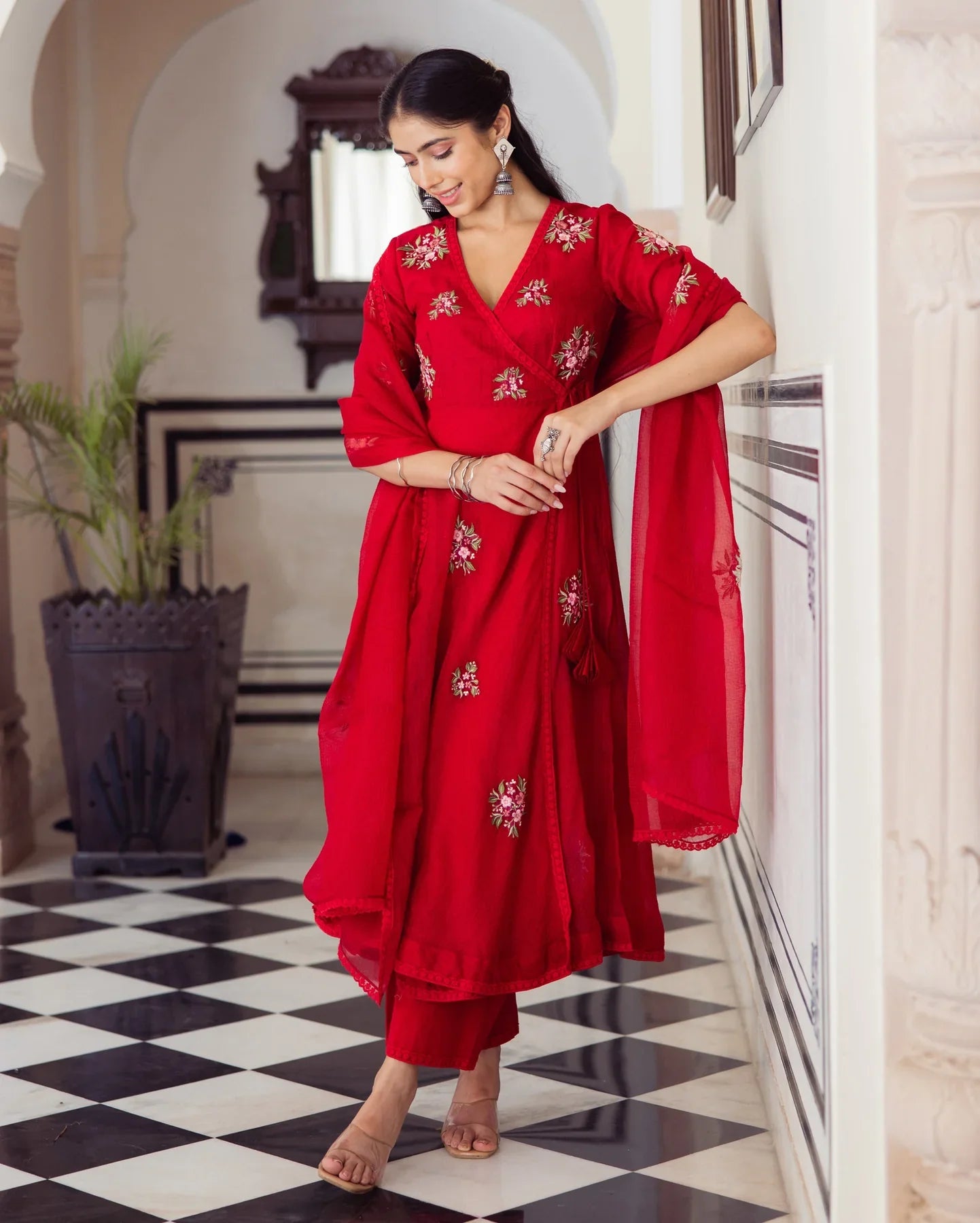 Premium Ruby Red Embroidered Doria Kurti Set with Dupatta for Elegant Styling