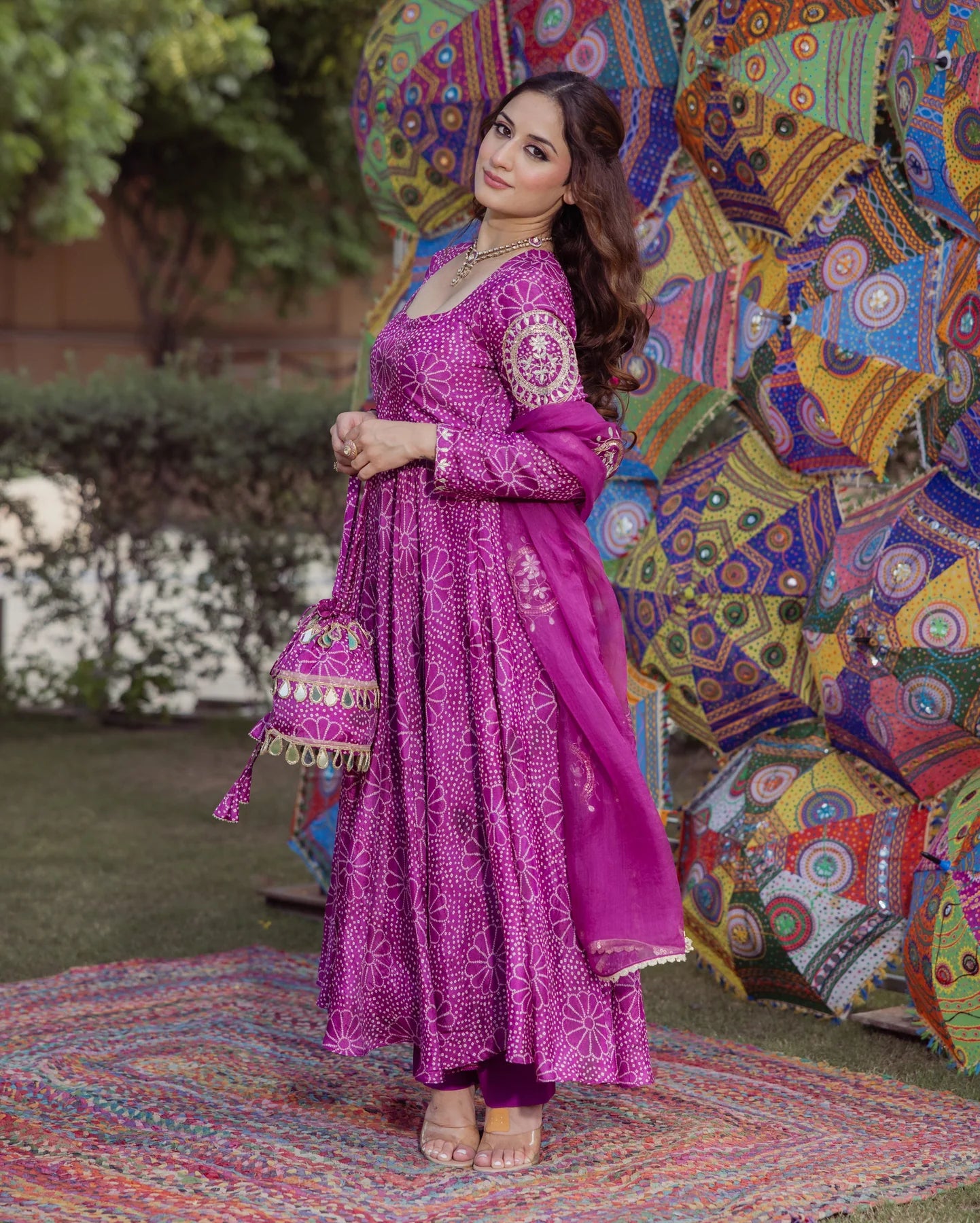 Traditional Magenta Bandhani Chanderi Suit Set for Women Offering Elegant Style and Comfortable Fit