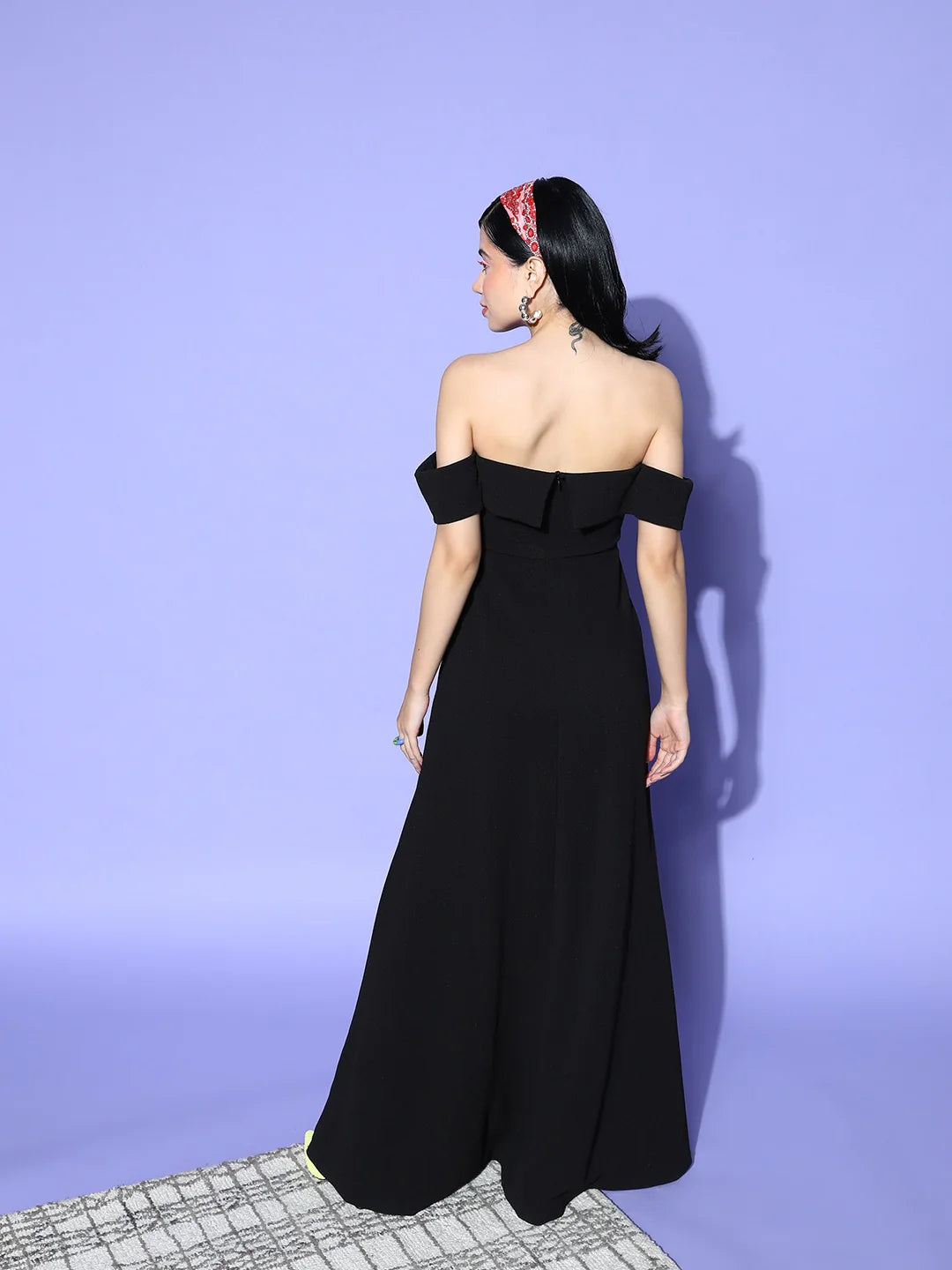 Black Off-Shoulder Neck Crepe Thigh-High Slit Flared A-Line Maxi Dress