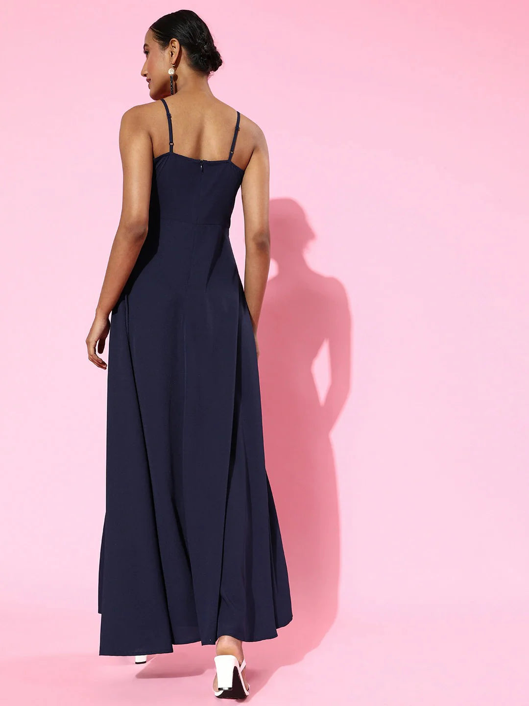 Navy Blue Sweetheart Neck Thigh-High Slit Flared Maxi Dress