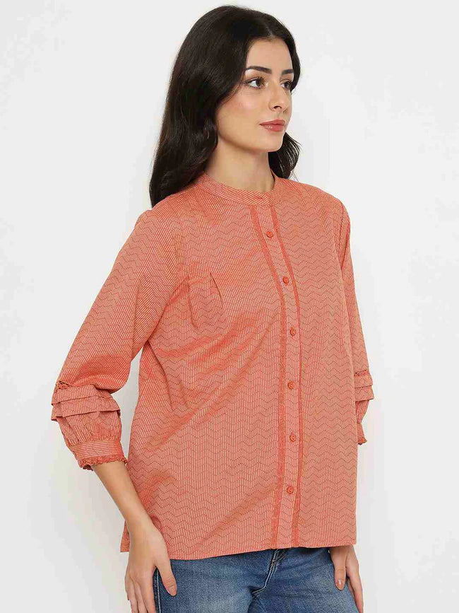 Modern Women’s Rust Red Striped Cotton Blend Top with Classic Styling for Daily Outfits