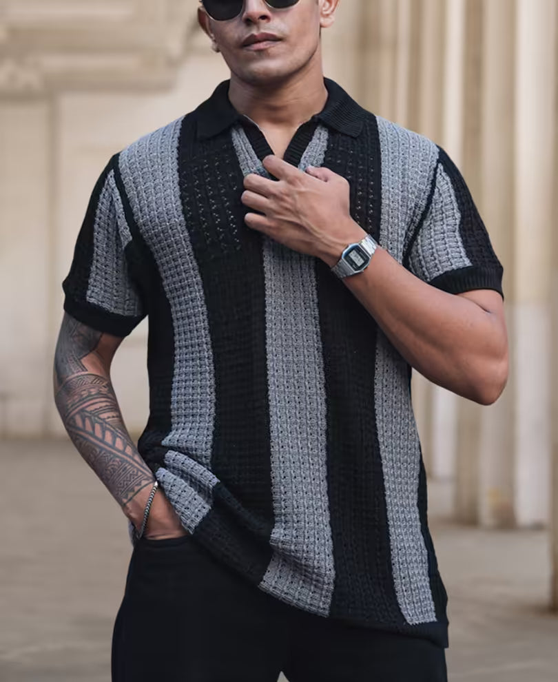 Classic Black and Grey Striped Crochet Half Sleeve Casual T-Shirt for Men