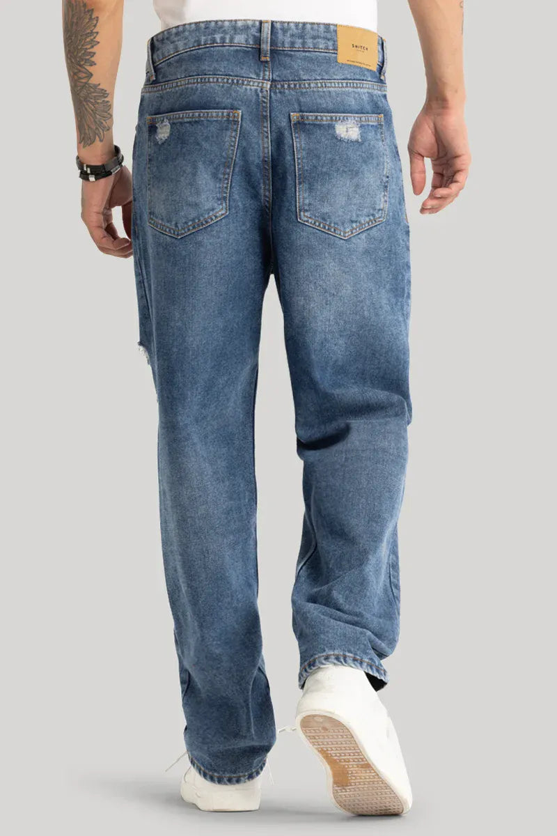 Durable Blue Loose Fit Jeans for Men with Distressed Detailing