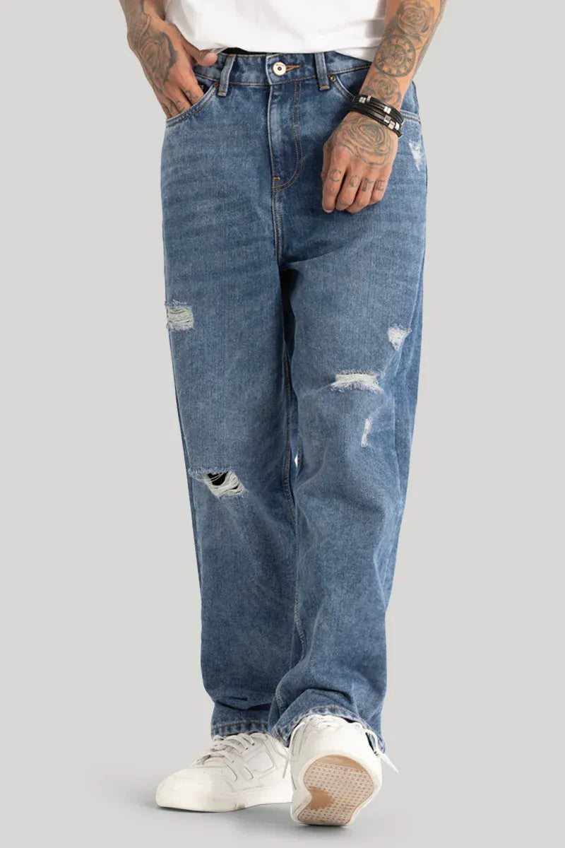 Durable Blue Loose Fit Jeans for Men with Distressed Detailing