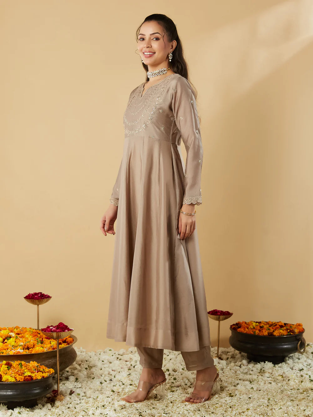 Women’s Festive Wear Cream Silk Blend Anarkali Kurta with Dupatta