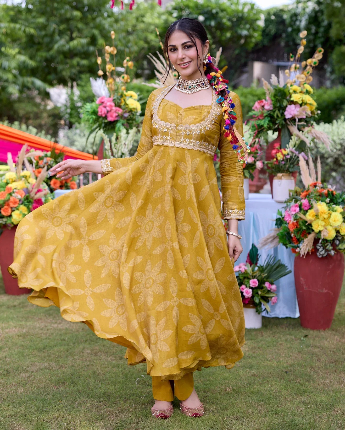 Designer Mustard Bandhani Chanderi Suit Set with Coordinated Dupatta