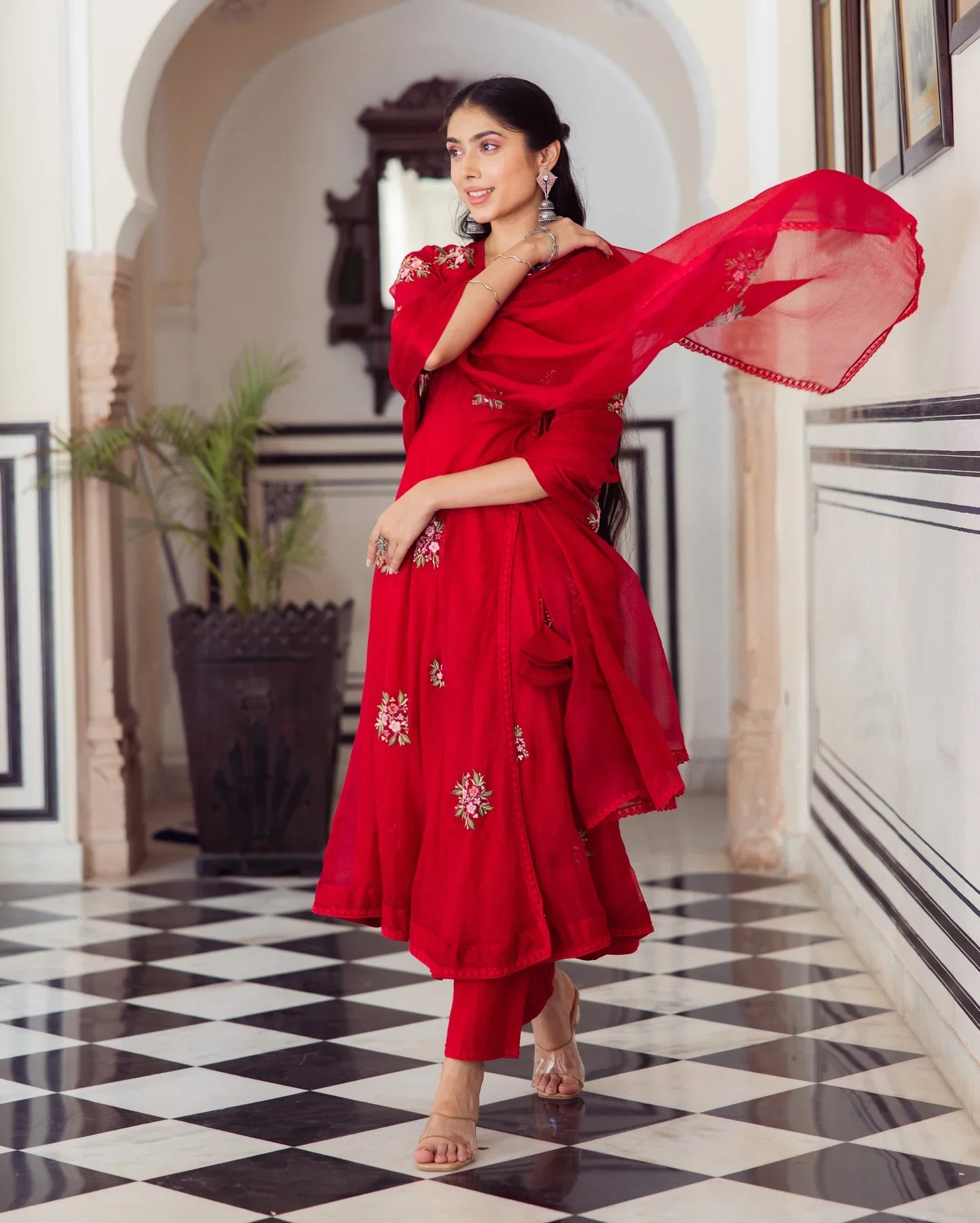 Premium Ruby Red Embroidered Doria Kurti Set with Dupatta for Elegant Styling