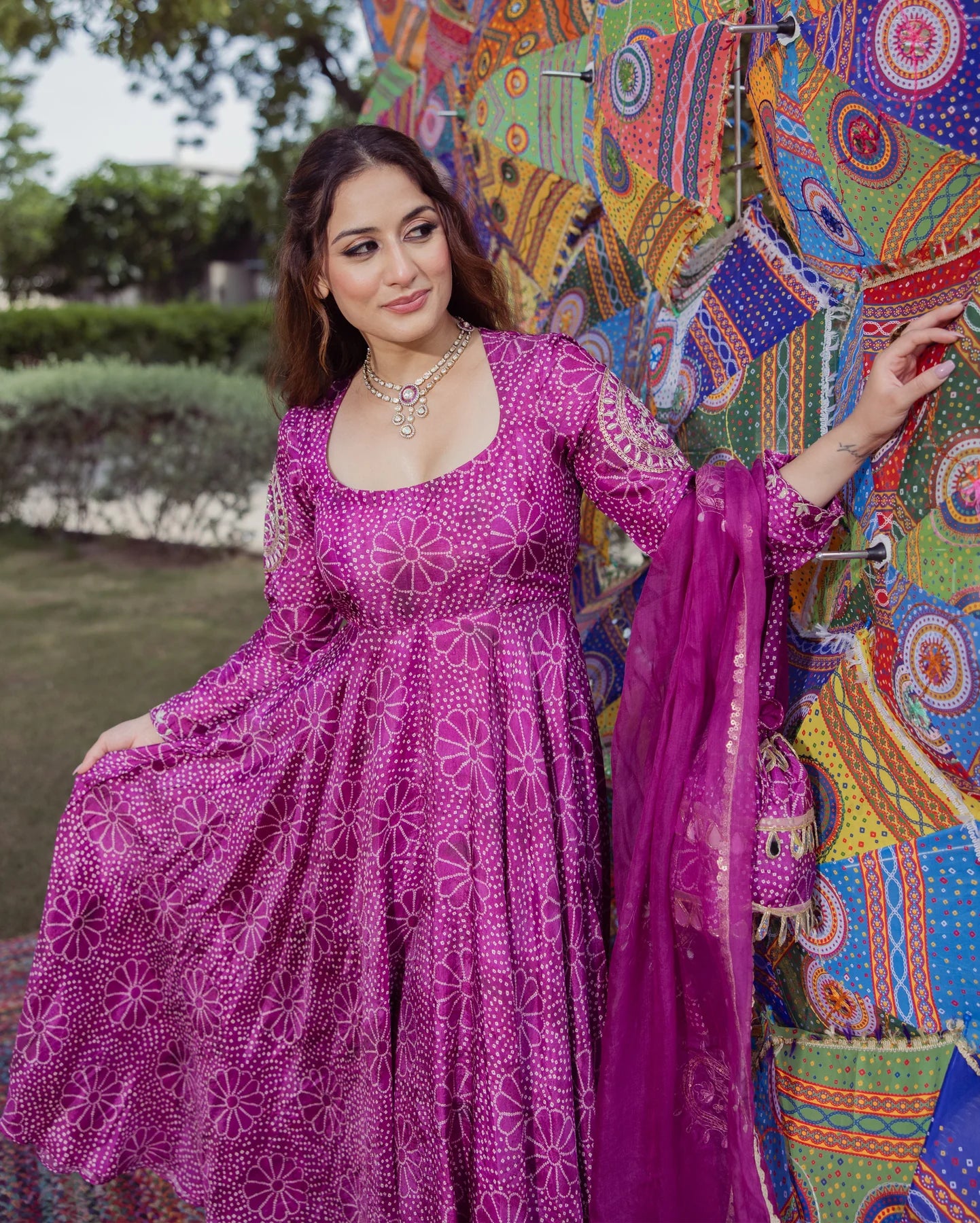 Traditional Magenta Bandhani Chanderi Suit Set for Women Offering Elegant Style and Comfortable Fit