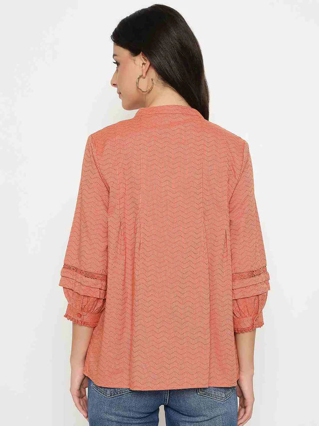 Modern Women’s Rust Red Striped Cotton Blend Top with Classic Styling for Daily Outfits