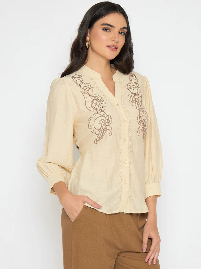 Graceful Beige Top for Women with Embroidered Lace Finish and Feminine Style