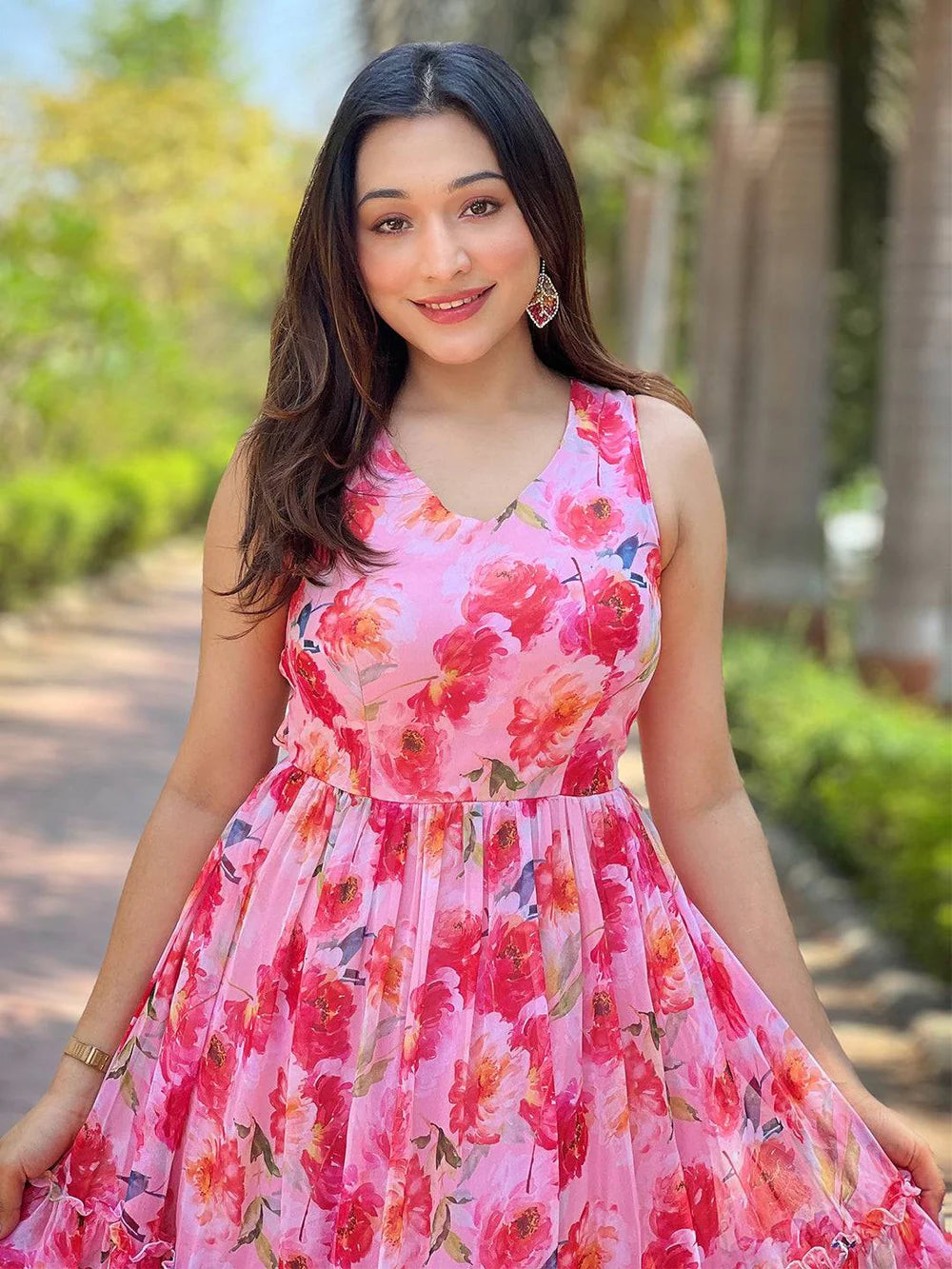 Designer Pink Floral Print Dress for Women Perfect for Parties Formal Events and Celebrations