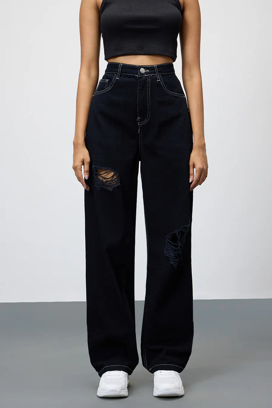 Women’s Black Straight Leg Jeans with Stylish Ripped Detailing and Relaxed Fit