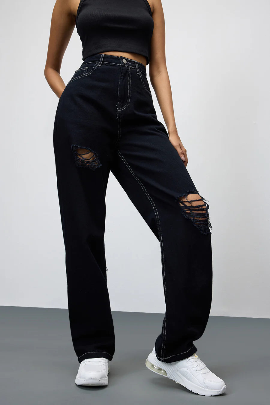 Women’s Black Straight Leg Jeans with Stylish Ripped Detailing and Relaxed Fit