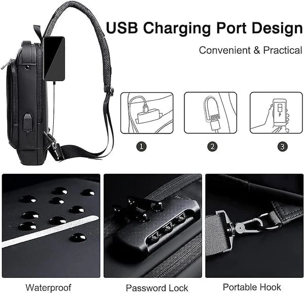 Gadget Chest Bag with Anti-Theft Features, Waterproof Material, TSA Lock, and USB Charging Port
