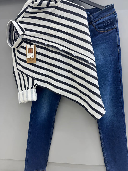 Fashionable Black Striped Shirt with Jeans Pant for Men for Casual Outings