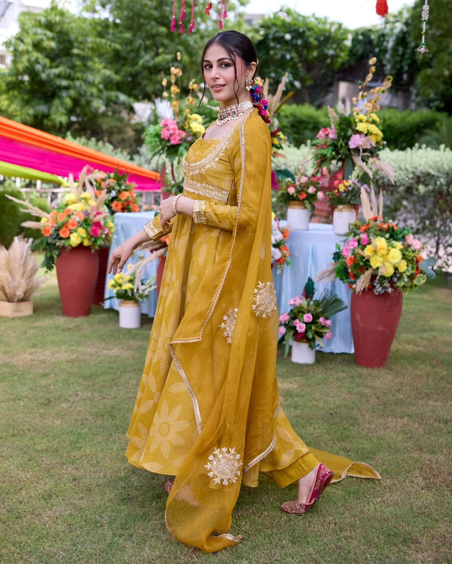 Designer Mustard Bandhani Chanderi Suit Set with Coordinated Dupatta