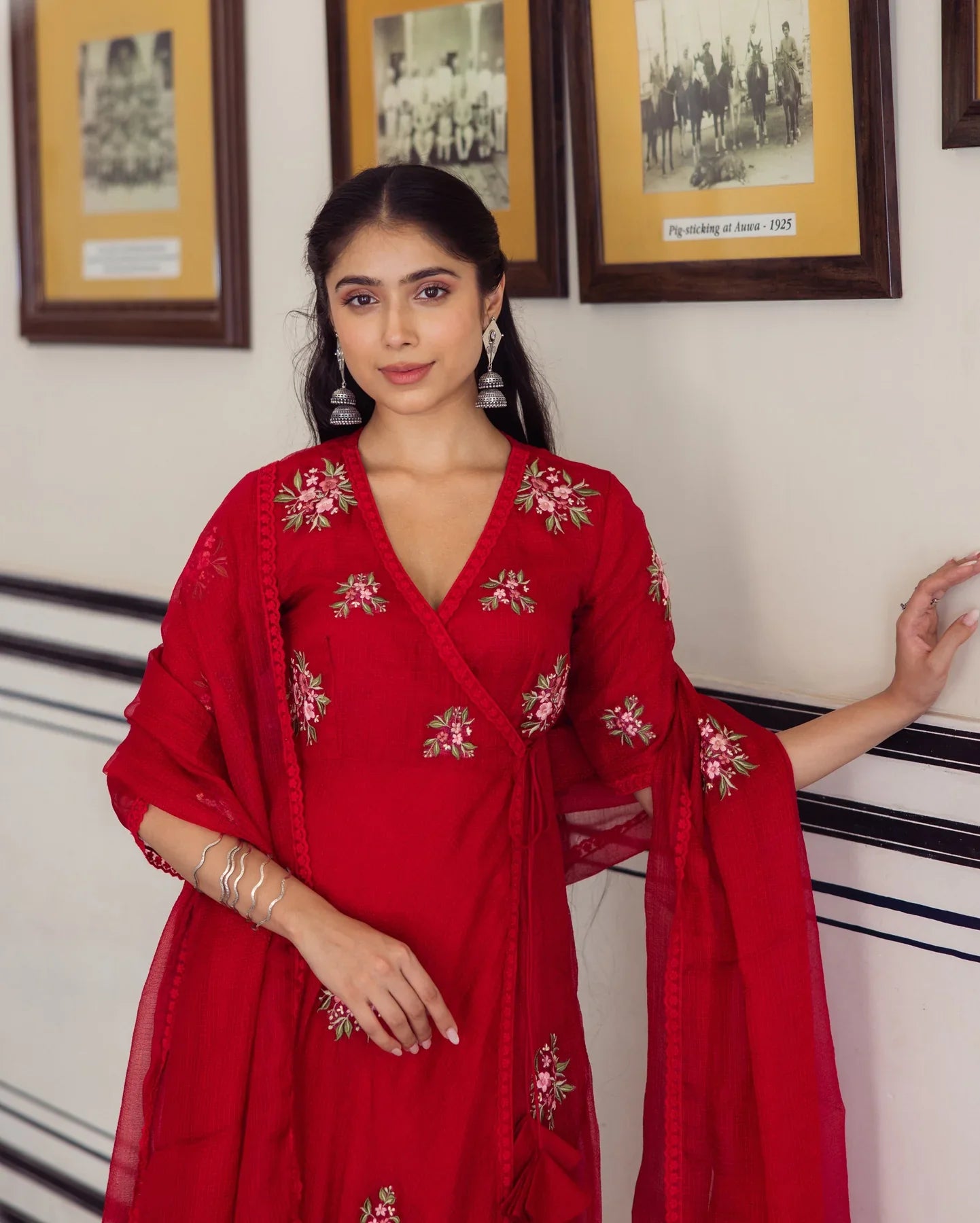 Premium Ruby Red Embroidered Doria Kurti Set with Dupatta for Elegant Styling