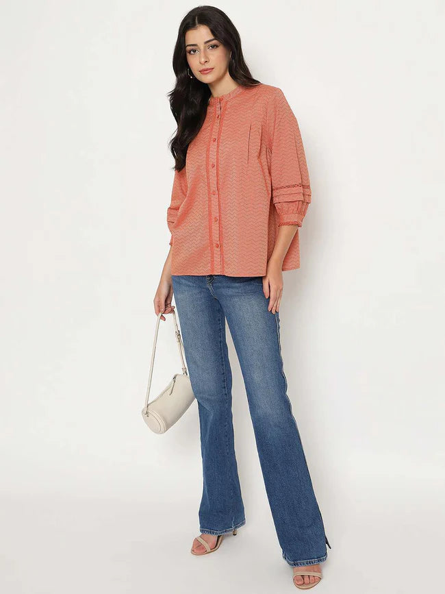Modern Women’s Rust Red Striped Cotton Blend Top with Classic Styling for Daily Outfits